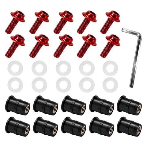 Tough As Nails Ten Piece Motorcycle Windshield Screw Bolt Kit With Red 5mm Mounting Fasteners And Heavy Duty Wrench for secure fastening.