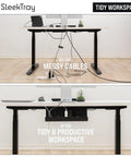 Before and after using Under Desk Cable Management Tray No Drill Wire Organizer showing tidy workspace with black steel rack.