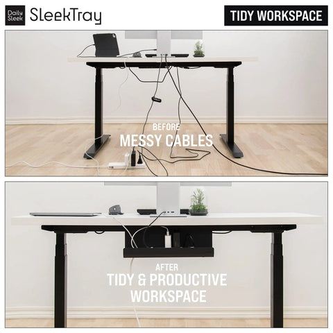 Under Desk Cable Management Tray Set No Drill Wire Organizer for Standing Desk Before and After Cable Management