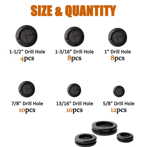 52 Piece Rubber Grommet Set In Six Sizes Round Hole Plugs For Drill Holes with quantity and size details, black rubber