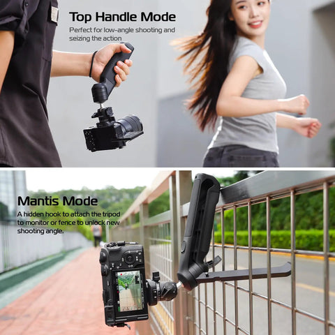 One-Click Opening Vlogging Tripod With Quick-Release System used in top handle and mantis mode for flexible camera angles