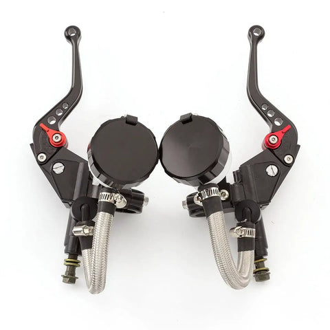 Seven Eighths Inch CNC Master Cylinder Dual Hydraulic Brake And Clutch Lever Kit With Reservoir Pump For 125cc To 500cc Motorcycles Sport Bikes Street Bikes And Scooters