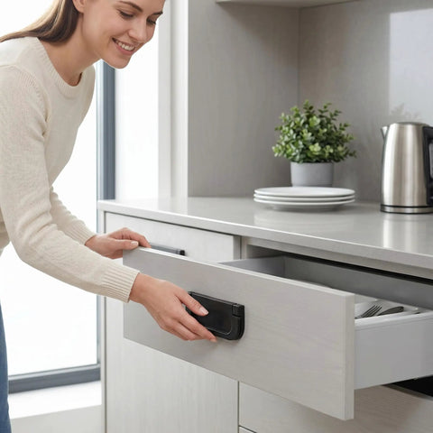 Woman using Two Pack Recessed Door Pulls Matte Black Zinc Alloy Flush Handles For Cabinets And Drawers Flat Knob Style For Tatami Drawer Cabinet