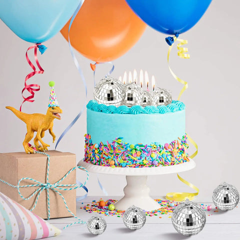 30 Pcs Mini Disco Ball Ornaments Hanging Mirror Balls For Party Decor Wedding on colorful cake with candles and balloons