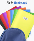 7 Pack Pockets Folders With Extra Labels For School Office And Business Use visible in a backpack with colorful folder display.