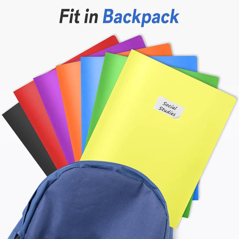 7 Pack Pockets Folders With Extra Labels For School Office And Business Use visible in a backpack with colorful folder display.
