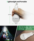 4 Pack Portable Emergency LED Light Bulbs USB Rechargeable Camping Lanterns With Remote Timer Five Lighting Modes Hook Included 1500mAh Smart Bulbs For Emergency, Camping, Hiking, Power Outages placed on a table, person holding bulb demonstrating portability, light hanging in tent, charging status light visible.