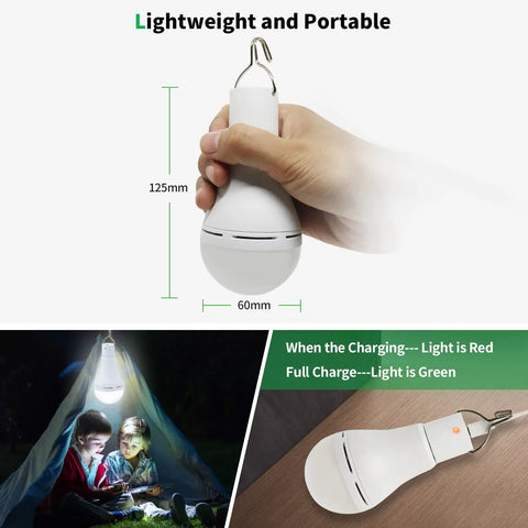 4 Pack Portable Emergency LED Light Bulbs USB Rechargeable Camping Lanterns With Remote Timer Five Lighting Modes Hook Included 1500mAh Smart Bulbs For Emergency, Camping, Hiking, Power Outages placed on a table, person holding bulb demonstrating portability, light hanging in tent, charging status light visible.