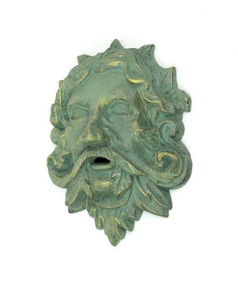 Heavy Duty Cast Iron Celtic Green Man Wall Plaque Sporting A Dead Cool Antiqued Verdigris Finish Standing Ten Inches Tall, detailed face design.
