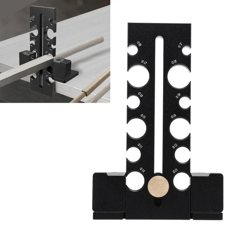 Heavy Duty Adjustable Wood Dowel Maker Jig Kit With Dual Aluminum Blades For Electric Drills with holes displayed for precise dowel size.