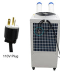 Industrial Portable Air Conditioner Delivers Badass 18700 BTU Cooling Power And Crushes Blistering Heat Like A Champ With 950 Cubic Meter Airflow And A Roomy 14 Liter Tank For Seamless Indoor Or Outdoor Use with 110V plug and back view.
