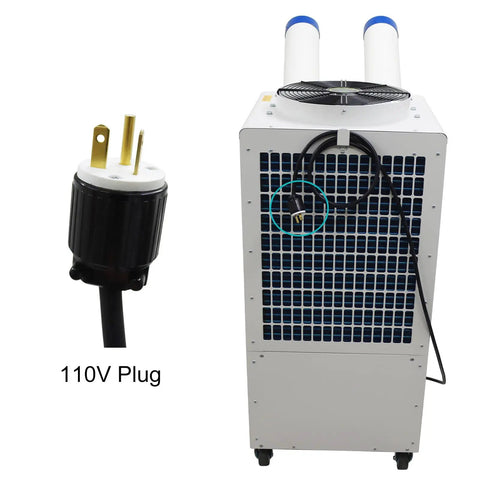 Industrial Portable Air Conditioner Delivers Badass 18700 BTU Cooling Power And Crushes Blistering Heat Like A Champ With 950 Cubic Meter Airflow And A Roomy 14 Liter Tank For Seamless Indoor Or Outdoor Use with 110V plug and back view.