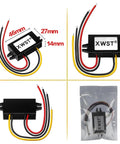 Heavy duty DC-DC converter measuring 46mm x 27mm x 14mm with black casing, red, black, yellow wires and clear packaging. Swap Out Your 24V To 85V Input For A Rock Solid 12V Without Breaking A Sweat This Heavy Duty Dc Dc Converter Hands Out Up To 6 Amps For Cars Rvs And Gear Projects Sweet Power Flow Guaranteed.
