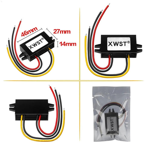 Heavy duty DC-DC converter measuring 46mm x 27mm x 14mm with black casing, red, black, yellow wires and clear packaging. Swap Out Your 24V To 85V Input For A Rock Solid 12V Without Breaking A Sweat This Heavy Duty Dc Dc Converter Hands Out Up To 6 Amps For Cars Rvs And Gear Projects Sweet Power Flow Guaranteed.