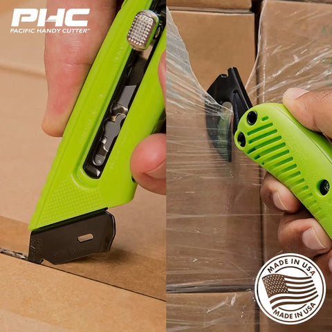Heavy Duty Box Cutter Utility Knife With Tape Splitter And Film Cutter in use on cardboard box and plastic film wrap close-up