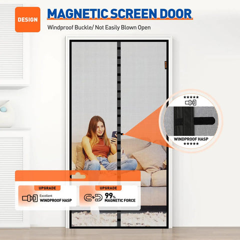 Magnetic Screen Door For 32 By 96 Inch Doors Fits 34 By 97 Screen with reinforced fiberglass mesh visible in home setting.