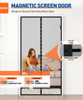 Heavy Duty Magnetic Screen Door 64x81 Inch Mesh That Fits 62x80 Inch Openings, Strong Magnet Seams For Hands Free Entry, showing design features.