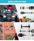 Eight Piece Shovel Mount For Roof Rack Heavy Duty Clamp Kit Bracket With Quick Release For Trucks And Overlanding Gear Off Road Accessories Fits 0.67 To 1.57 Inch Diameter, various uses depicted including mounted on vehicle and garage wall.