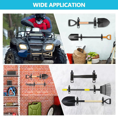 Eight Piece Shovel Mount For Roof Rack Heavy Duty Clamp Kit Bracket With Quick Release For Trucks And Overlanding Gear Off Road Accessories Fits 0.67 To 1.57 Inch Diameter, various uses depicted including mounted on vehicle and garage wall.