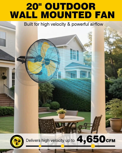 Beefy Waterproof 20 Inch Wall Mount Fan With High Velocity Airflow, 3 Speed Settings Delivering 4650 CFM displayed on outdoor porch