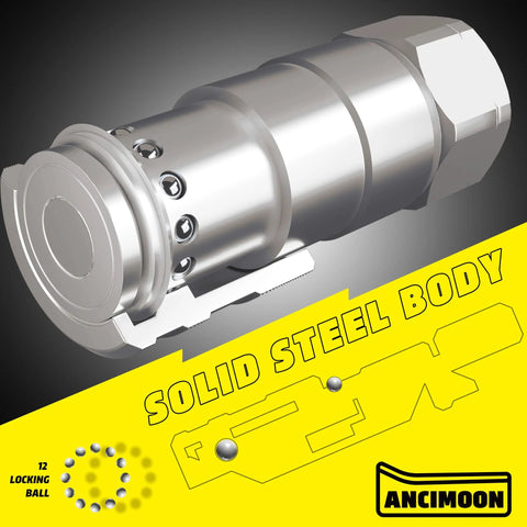 Front view of ANCIMOON 1/2 inch NPT skid-steer hydraulic quick-connect coupler with solid steel body