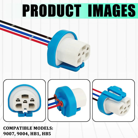 Hella Tough Headlight Wiring Harness With 3 Pin Ceramic Connector Plug for 9007 9004 HB1 HB5 Bulbs, close-up view.