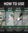 Image showing steps to use Heavy Duty Concrete Crack Filler With Slick Hydrocarbon Guard for garage floor repair.