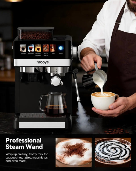 Barista using Espresso Machine With Grinder And Steam Frother For Home Use 20 Bar Pressure Compact Coffee Maker to prepare cappuccino.