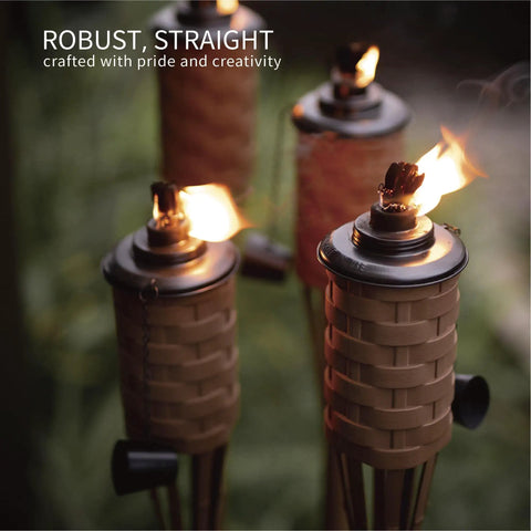 Citronella Bamboo Torches 4 Pack in Brown, 60 Inch Tall Outdoor Lighting Stakes, Weatherproof Wide Mouth Metal Canister Torches in use
