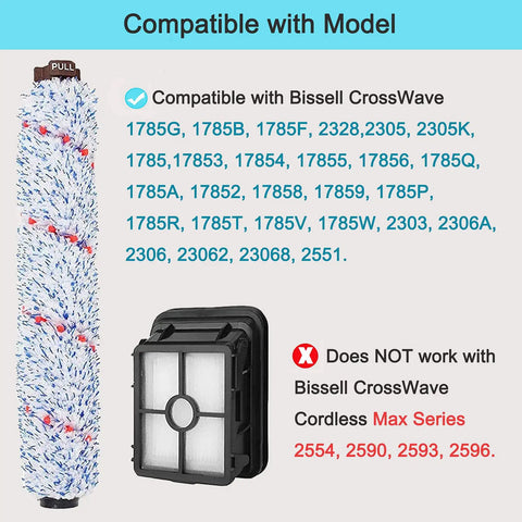 CrossWave Replacement Parts Kit 6 Pack For Vacuum Cleaner, Includes Multi Surface Brush Roll 1868 And Vacuum Filter 1866, models list
