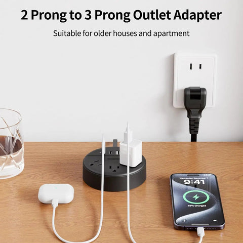2 Prong To 3 Prong Outlet Adapter Power Strip with devices plugged in on wooden desk
