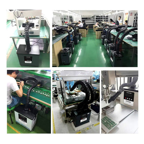 Heavy Duty Laser Welding Fume Extractor Packed With Dual Carbon Filters And Four Stage Air Purification For Serious Soldering And Engraving Workbenches Built Different in a workshop with multiple machines.