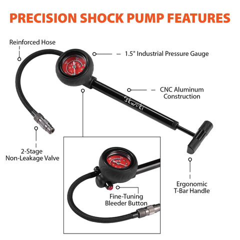 High Pressure Shock Pump With Gauge For Mountain Bikes 400 PSI Front Fork And Rear Shock Inflator Dope Tool With Accurate 1.5 Inch Gauge Lightweight CNC Aluminum With Air Release Valve showing features