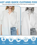 Comparison of a woman in a white shirt before and after using DIY Garment Stitch Gun For Quick Clothing Fixes With 6 Fine Needles.