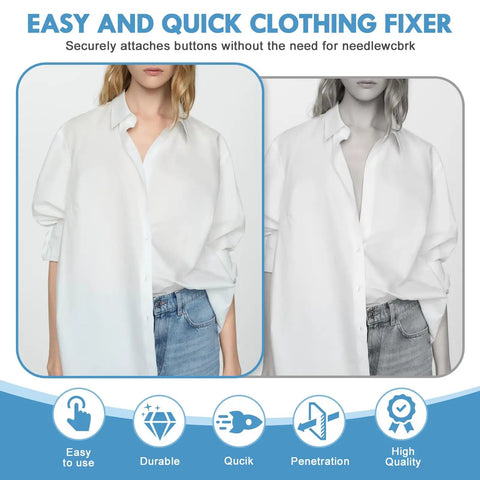Comparison of a woman in a white shirt before and after using DIY Garment Stitch Gun For Quick Clothing Fixes With 6 Fine Needles.