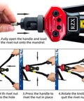 Image showing instructions for using a Long Reach Rivet Nut Tool With Tool Free Quick Change Head Handy Blind Riveter for M3 to M12 and 10-24 to 3/8-16 applications.