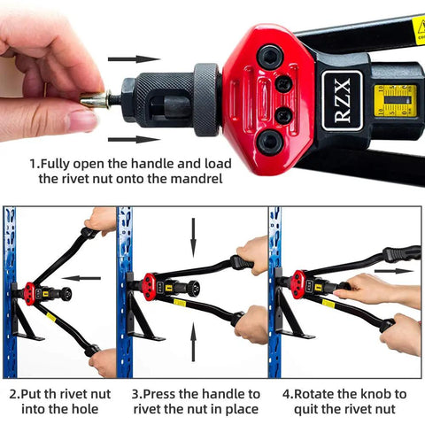 Image showing instructions for using a Long Reach Rivet Nut Tool With Tool Free Quick Change Head Handy Blind Riveter for M3 to M12 and 10-24 to 3/8-16 applications.