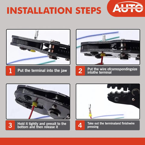 Installation steps for Car Electrical Wire Terminal Pin Connector Grab-And-Go Kit Pack using crimp tool for DIY auto wiring.