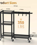 3 In 1 Cleaning Organizer Cart With Wheels And Vacuum Stand detailed dimensions showing 3 tier shelves and 350 lb capacity