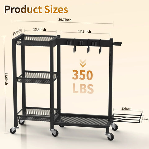 3 In 1 Cleaning Organizer Cart With Wheels And Vacuum Stand detailed dimensions showing 3 tier shelves and 350 lb capacity