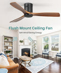 52 Inch Solid Wood Ceiling Fan With Remote Control No Light Flush Mount Wood Blades Whisper Quiet DC Motor For Bedroom Farmhouse Patio Indoor Outdoor Brown Black in modern living room.