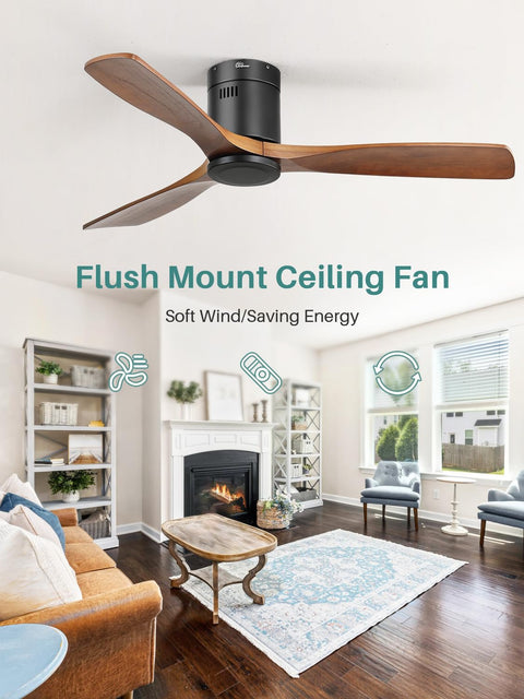 52 Inch Solid Wood Ceiling Fan With Remote Control No Light Flush Mount Wood Blades Whisper Quiet DC Motor For Bedroom Farmhouse Patio Indoor Outdoor Brown Black in modern living room.