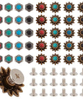 40 Piece Coin Screw Rivets And Decorative Buckles Featuring Eight Killer Sunflower Castings Heavy Duty Screw Back Buttons in various colors and designs.