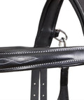 Close-up of the English Dressage Black Leather Flash Bridle with fancy stitch detailing and padded noseband.