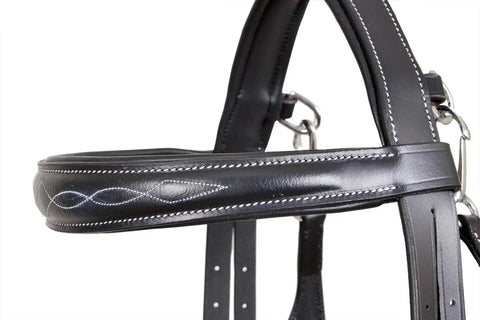 Close-up of the English Dressage Black Leather Flash Bridle with fancy stitch detailing and padded noseband.