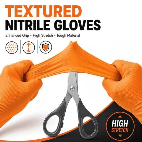 Rock Solid 8 Mil Orange Nitrile Work Gloves 100 Pack Medium Chemical Resistant Disposables showing stretch and grip with scissors.
