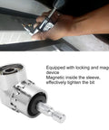 Side view of 105° right-angle screwdriver bit adapter with magnetic sleeve for drill extensions