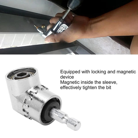 Side view of 105° right-angle screwdriver bit adapter with magnetic sleeve for drill extensions