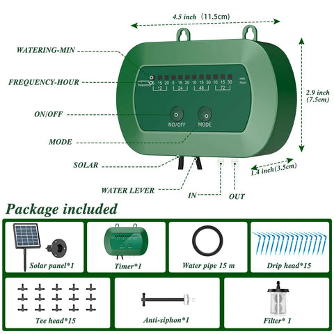 Solar Drip Irrigation System Auto Watering Kit For 15 Pots with timer and components diagram, 49 ft hose included.