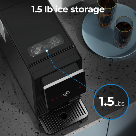 Countertop Nugget Ice Maker With Self Cleaning showing 1.5 lb ice storage on kitchen counter